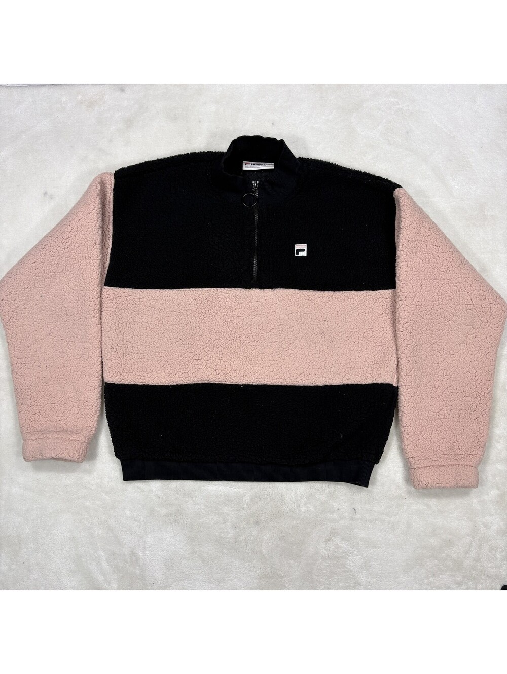 FILA Womens Medium Sherpa Fleece Pullover Black Pink Quarter Zip Vintage